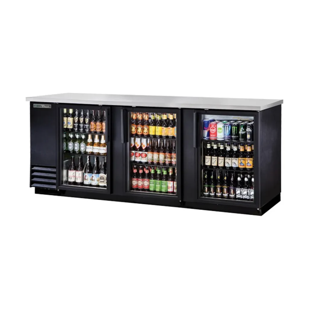 True TBB-4G-HC-LD 90" Three Glass Swing Door Back Bar Cooler with LED & Hydrocarbon