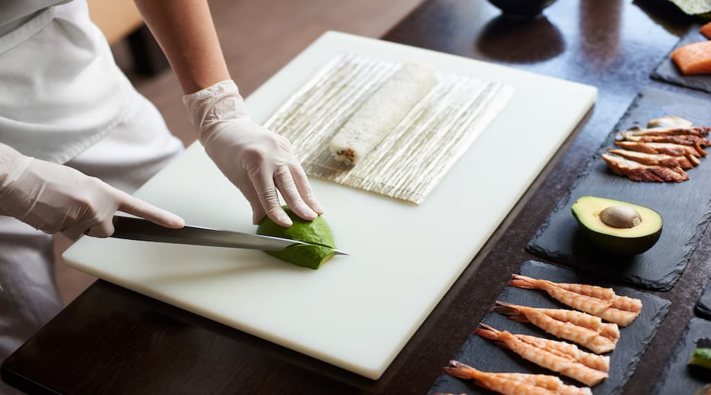 Prep Table Cutting Board in a Sushi Restaurant