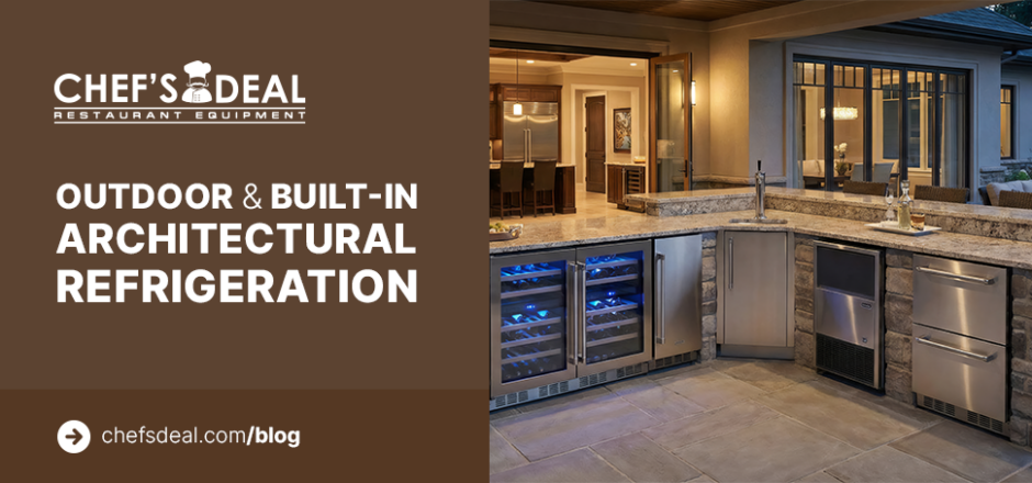 Luxury outdoor built-in kitchen with stainless steel refrigeration appliances.