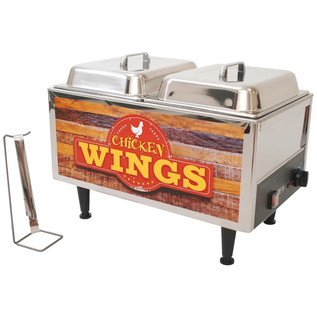 Winco 51072W 21'' Countertop Electric Chicken Wing Warmer, 2 Half-Size Pan Wells, Domed Lids