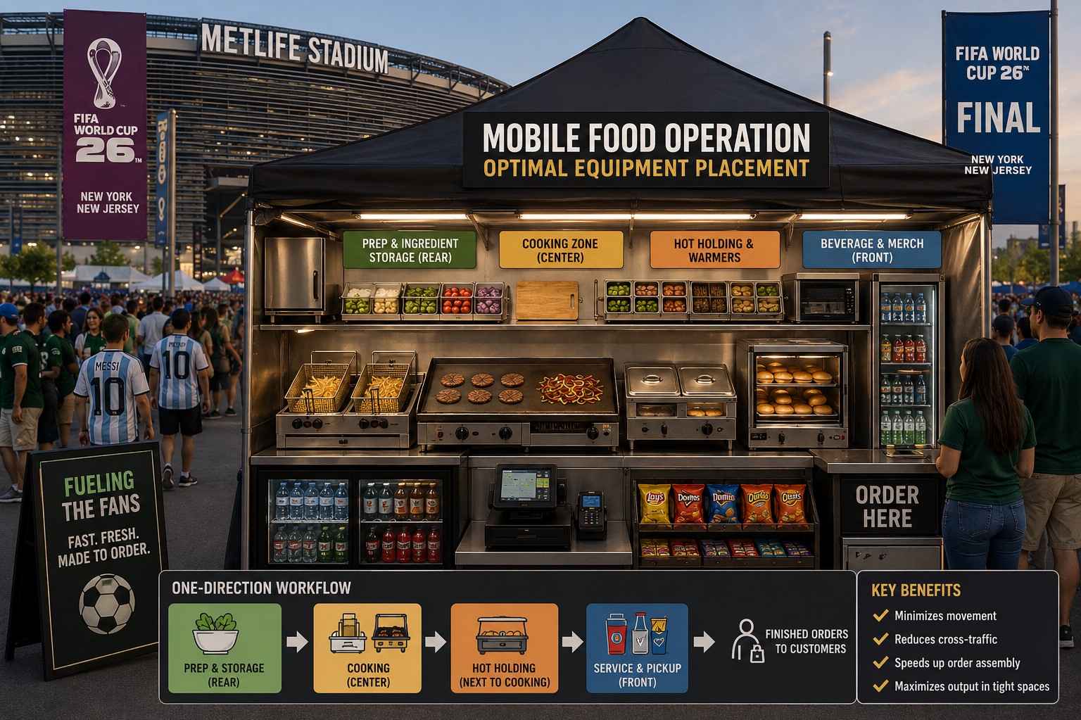 Example workflow layout for a temporary stadium-area mobile kitchen with prep, cooking, hot-holding, and pickup zones organized for one-direction service flow.