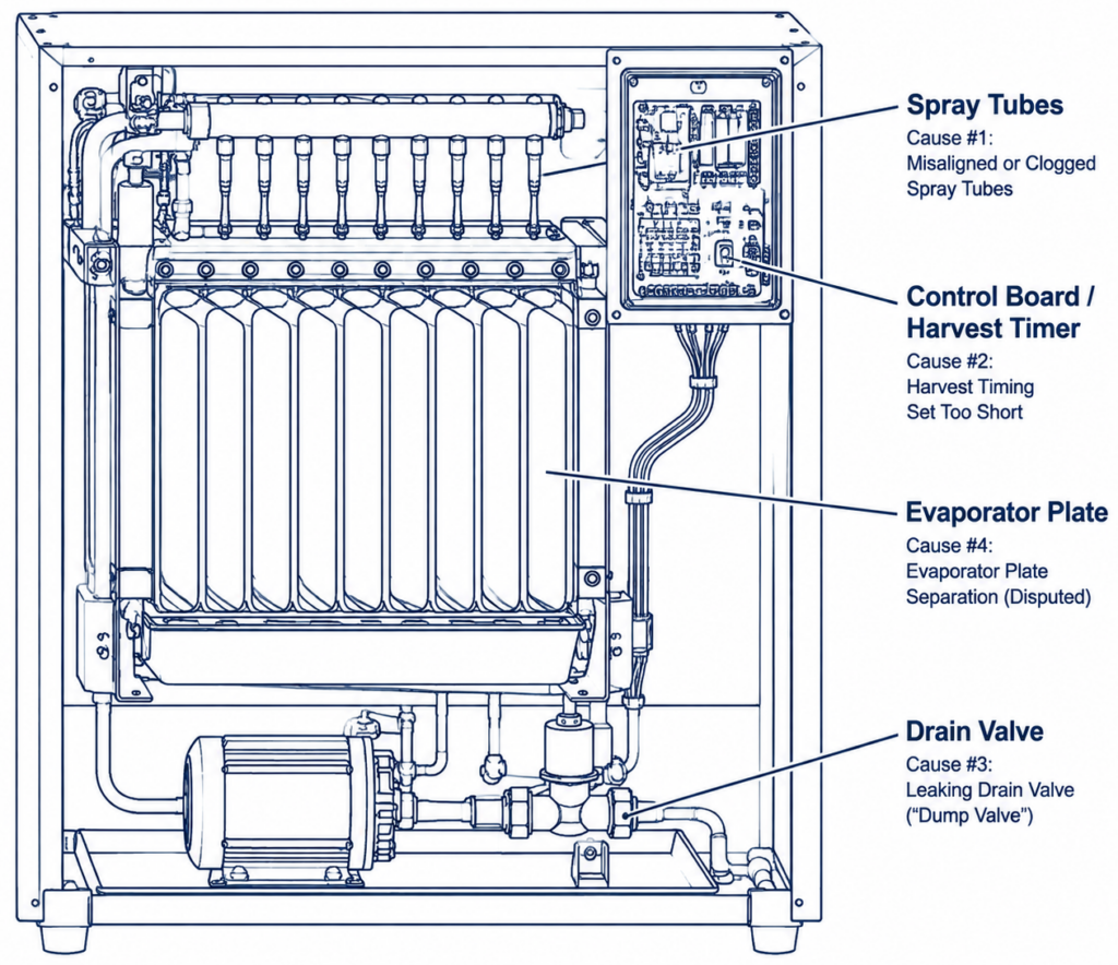 Technical cutaway of a modular commercial crescent ice machine highlighting the technical areas involved in Hoshizaki ice jamming