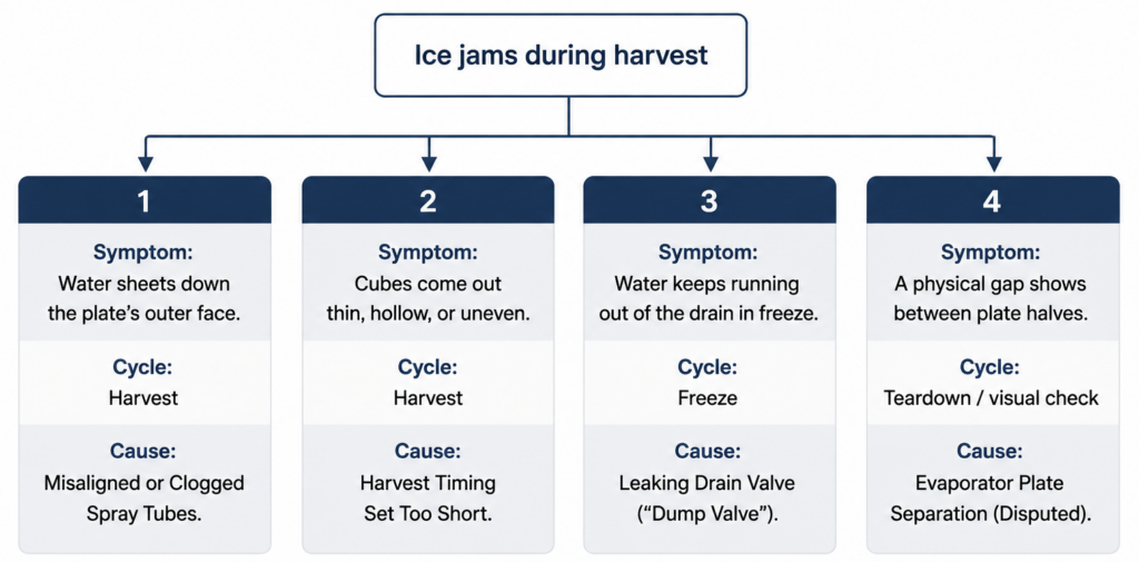 Diagnostic flowchart showing four causes of Hoshizaki ice machine harvest jamming